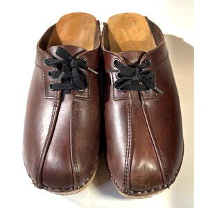 Troentorp Swedish Clogs Brown Leather Lace-Up Size 41 Wooden Sole Handmade Shoes